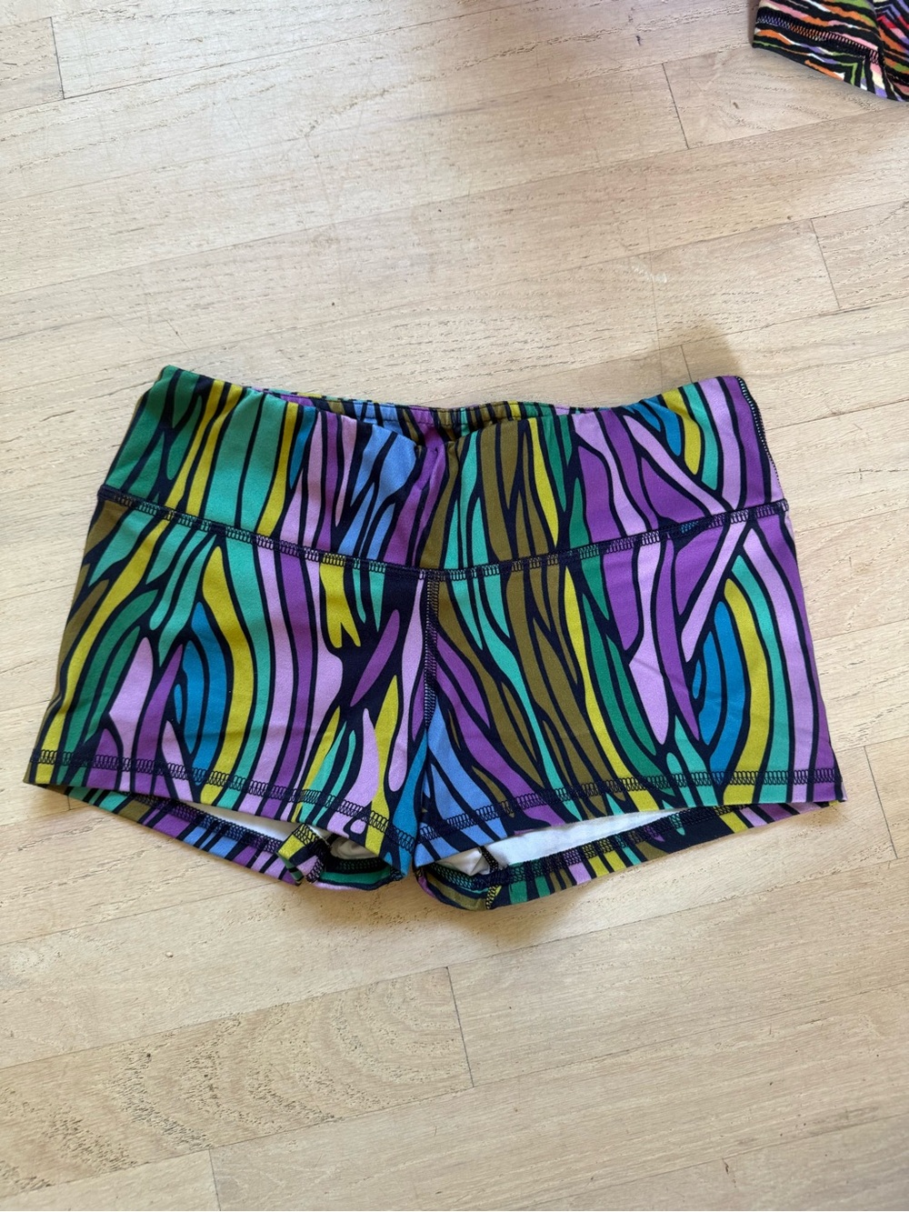 Fleo Vibrant Zebra-Stripe Bike Shorts in Purple, Teal & Yellow